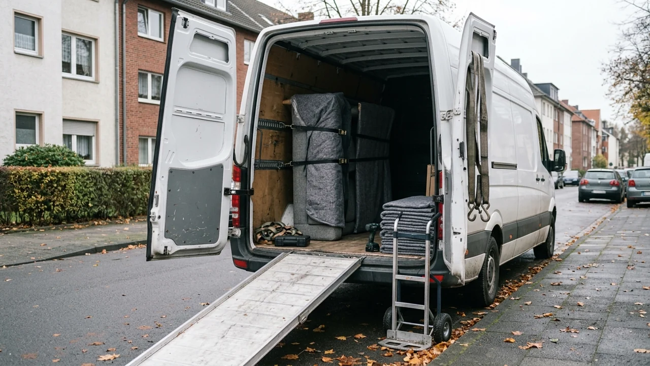 Transporter mit geöffneter Ladefläche, verpacktes Sofa mit Zurrgurten gesichert, Rampe und Sackkarre. Symbolbild, KI-generiert