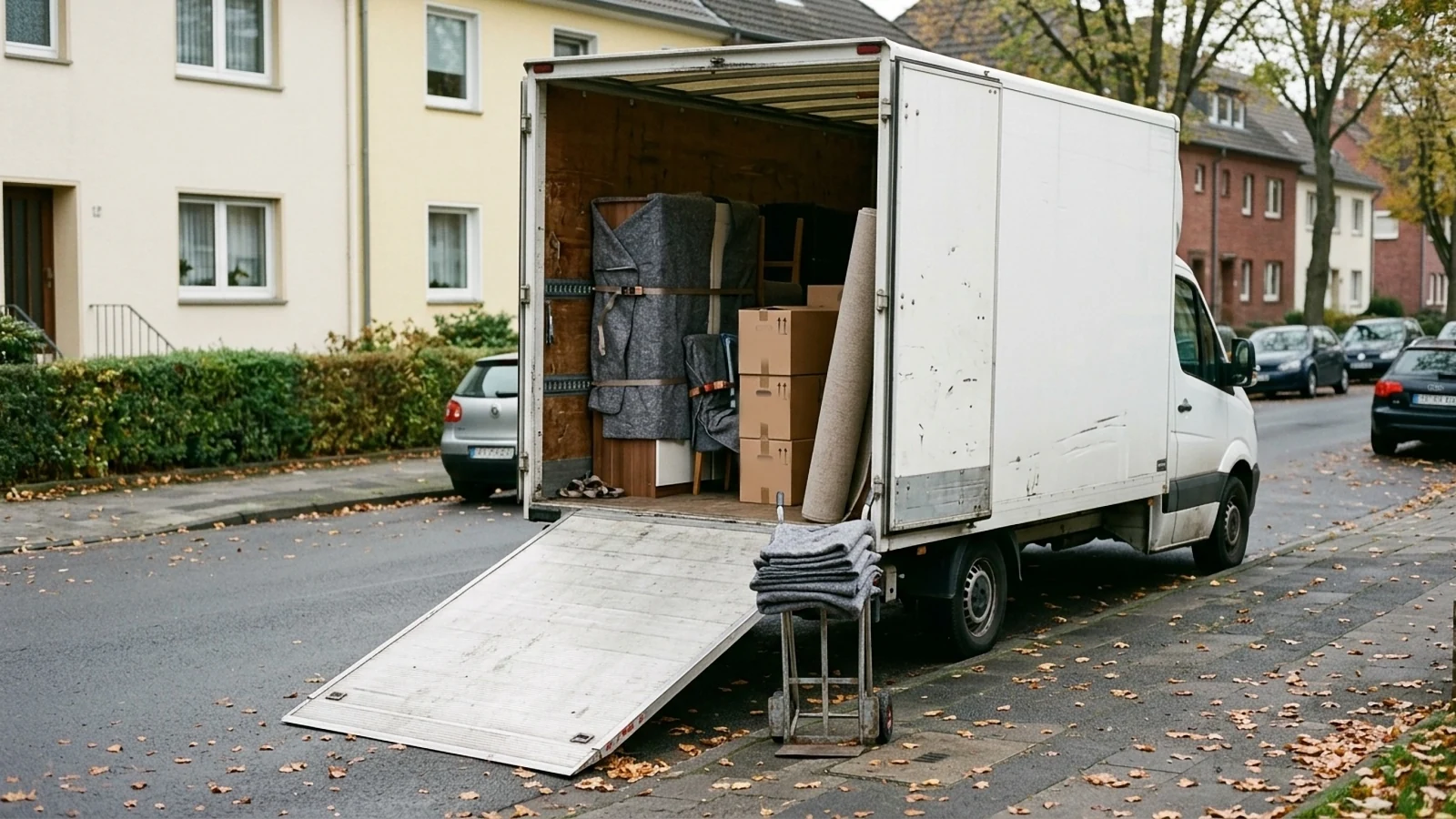 Beladener Transporter mit ausgefahrener Rampe vor einem Wohnhaus, Umzugsdecken und Sackkarre bereitgestellt. Symbolbild, KI-generiert