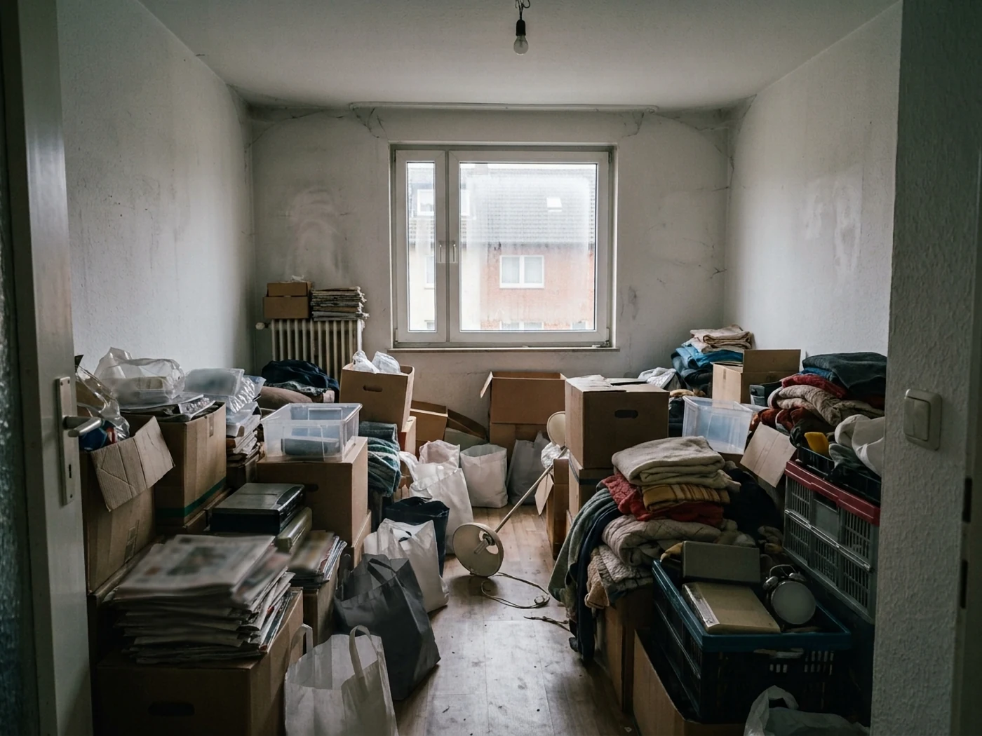 Über Jahre vollgestelltes Zimmer mit Kartons, Kisten und Textilien. Symbolbild, KI-generiert