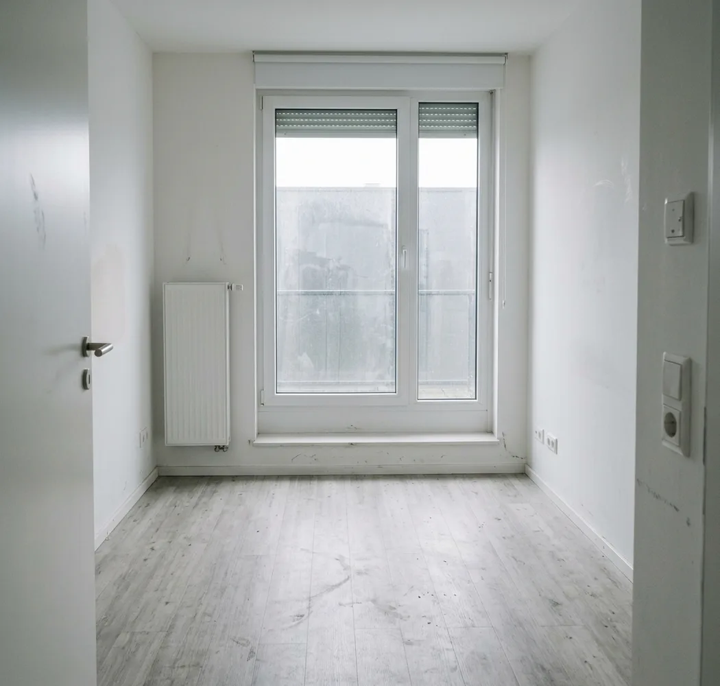 Dasselbe Zimmer nach der Entrümpelung, leergeräumt und besenrein. Symbolbild, KI-generiert