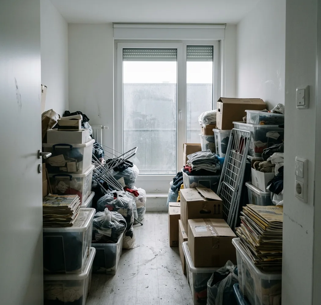 Stark vollgestelltes Zimmer vor der Entrümpelung. Symbolbild, KI-generiert