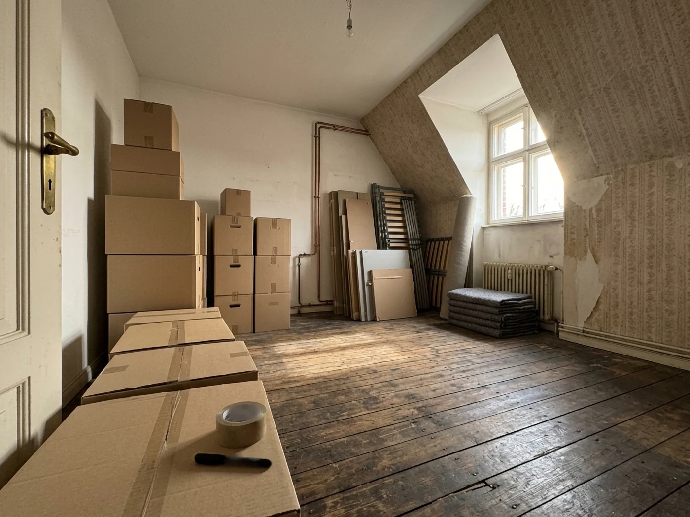 Gepackte Umzugskartons, zerlegtes Bettgestell und Umzugsdecken in einer Altbauwohnung am Umzugstag. Symbolbild, KI-generiert